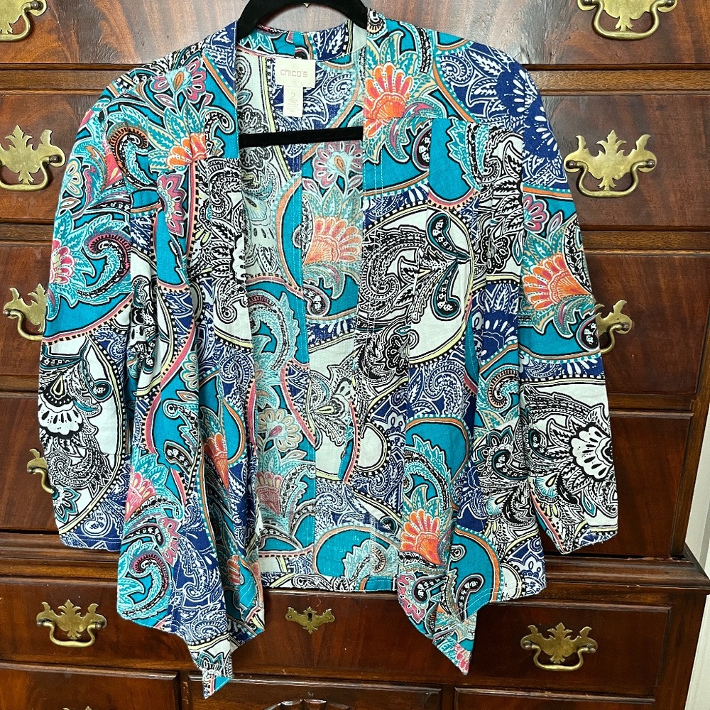 Chico's Turquoise Navy Paisley Open Front Jacket
